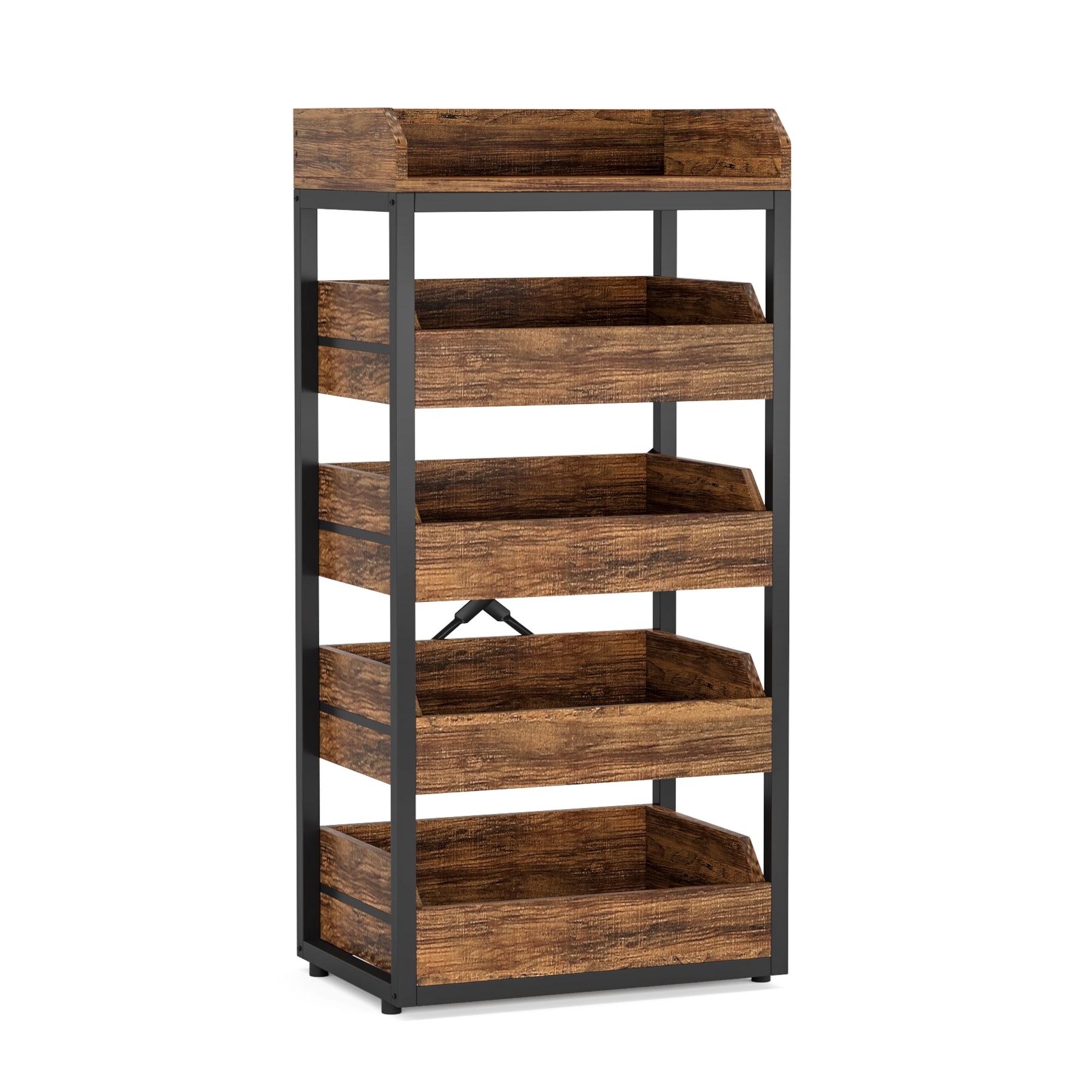 Wood Fruit and Vegetable Storage Rack Basket Stand with 5 Drawers