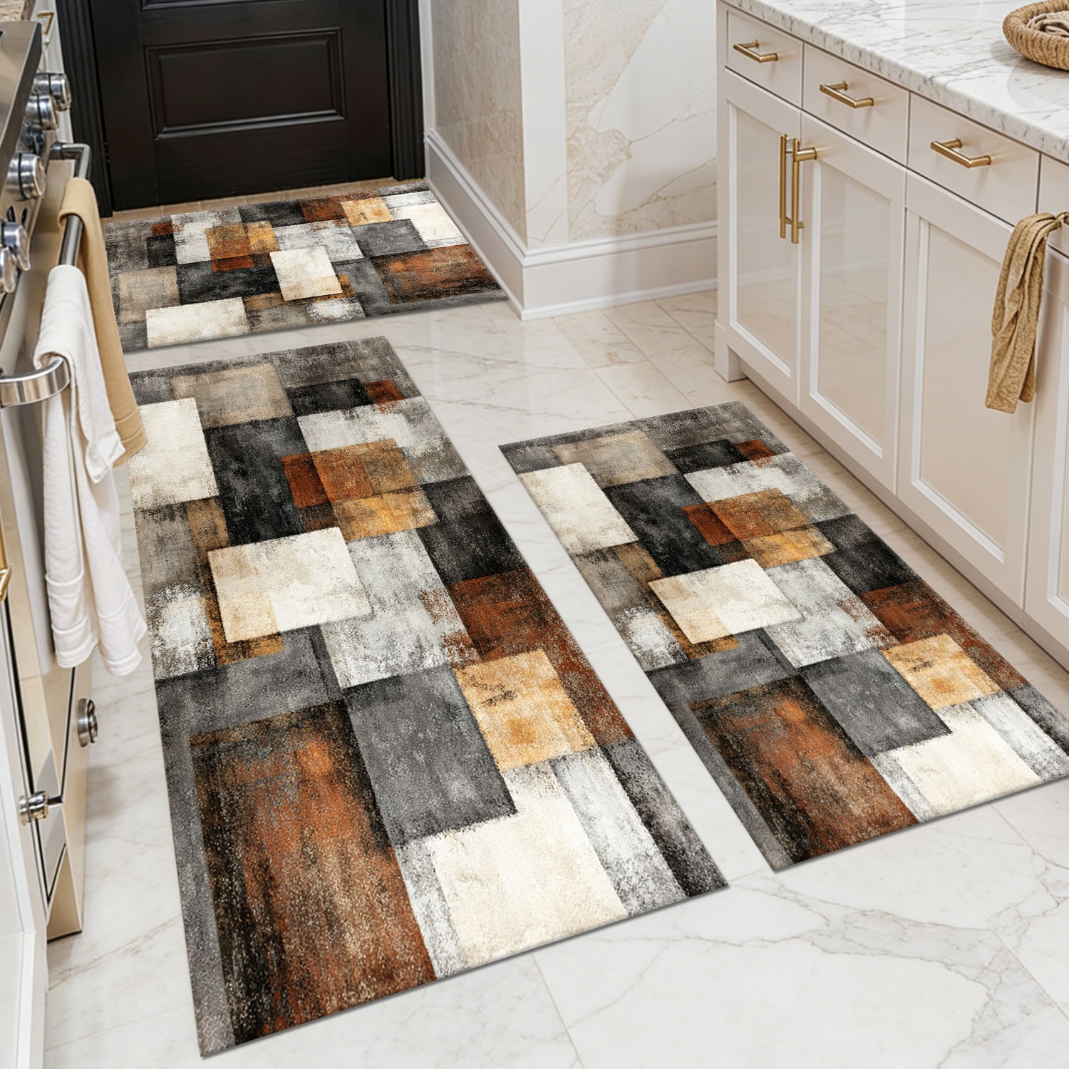 Three-piece kitchen rug set, non-slip and washable, abstract pattern kitchen hallway rug, soft and comfortable, suitable for sinks, floors, entrances,