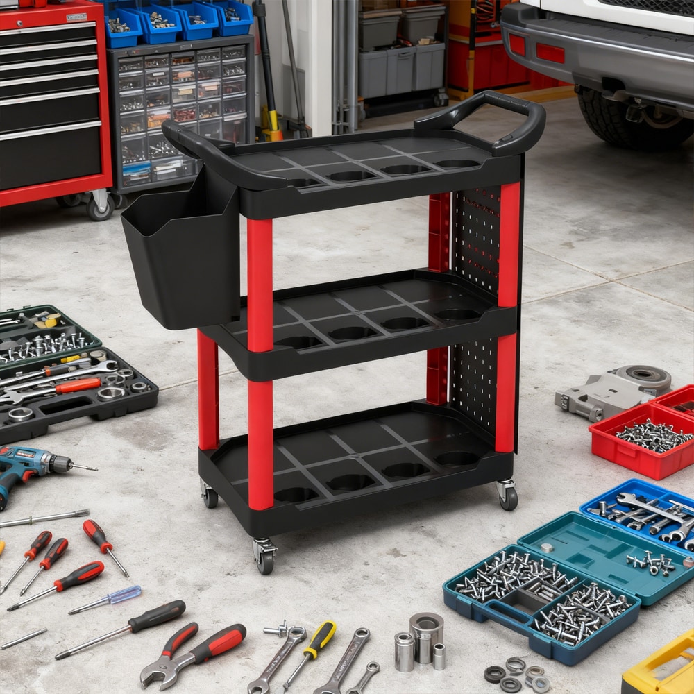 3-Tier Rolling Tool Cart, 200 LBS Capacity Plastic Utility Cart with Side Shelf and Storage Bucket, Black & Red