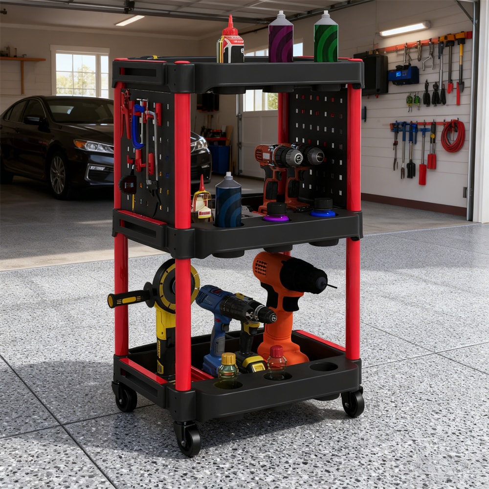 3-Tier Rolling Tool Cart, 200 LBS Capacity Plastic Utility Cart with Side Shelves for Garage, Workshop, Black and Red