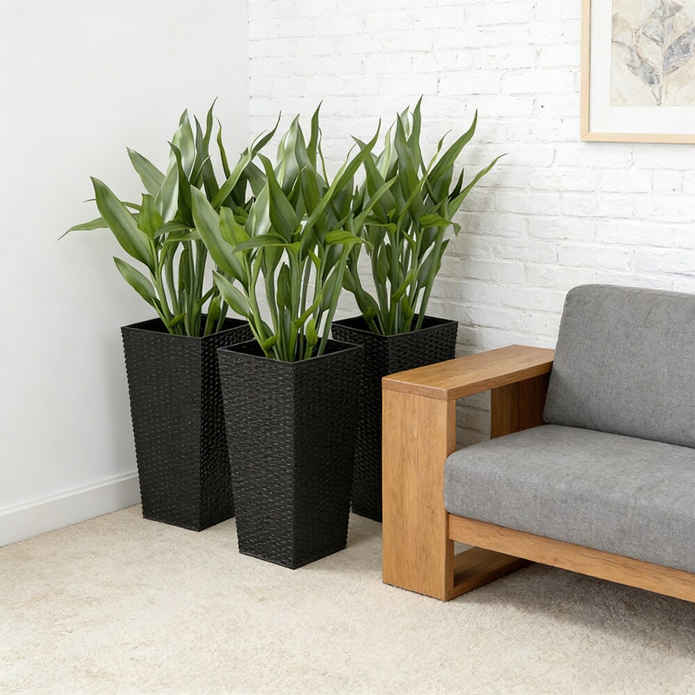 Tall Planters for Outdoor Plants Set of 3, 24 In Taper Planters with Drainage Holes, Rattan Decor Plant Pots for Indoor Outdoor Front Porch Patio Back