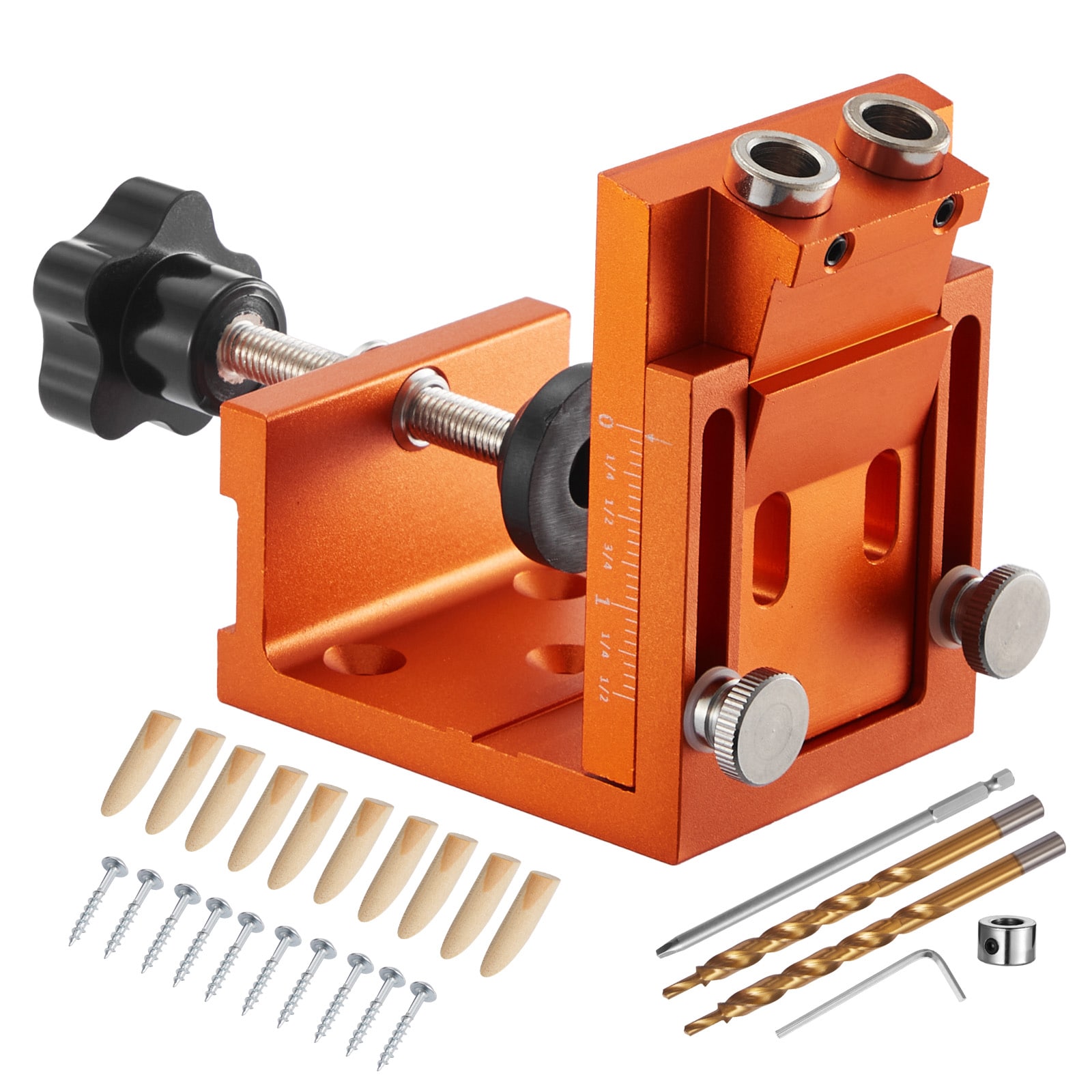 Pocket Hole Jig Kit, 0.47 to 1.89 in Adjustable, Jig Pocket Hole System with Step Drill, Hex Wrench, Drill Stop Ring, Square Drive Bit, Plugs and Scre