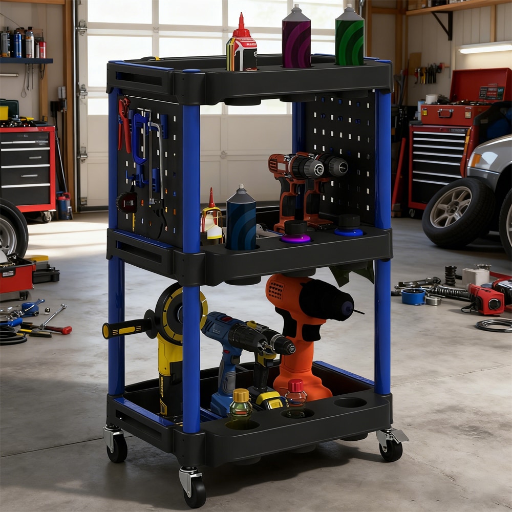 3-Tier Rolling Tool Cart, 200 LBS Capacity Plastic Utility Cart with Side Shelves for Garage Workshop, Black & Dark Blue