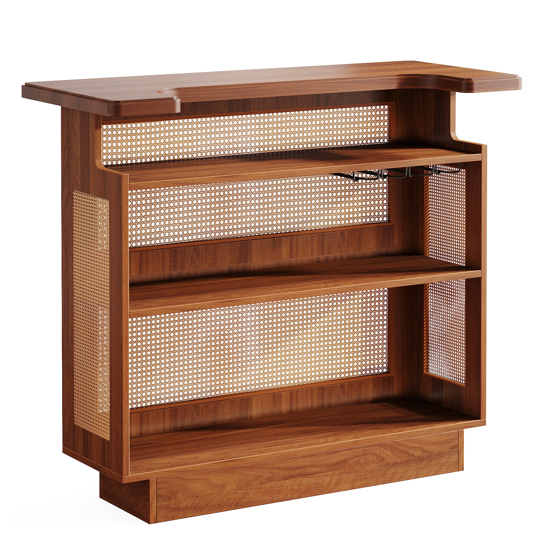 Rattan Home Bar Unit, 4-Tier Liquor Wine Bar Cabinet with Stemware Racks