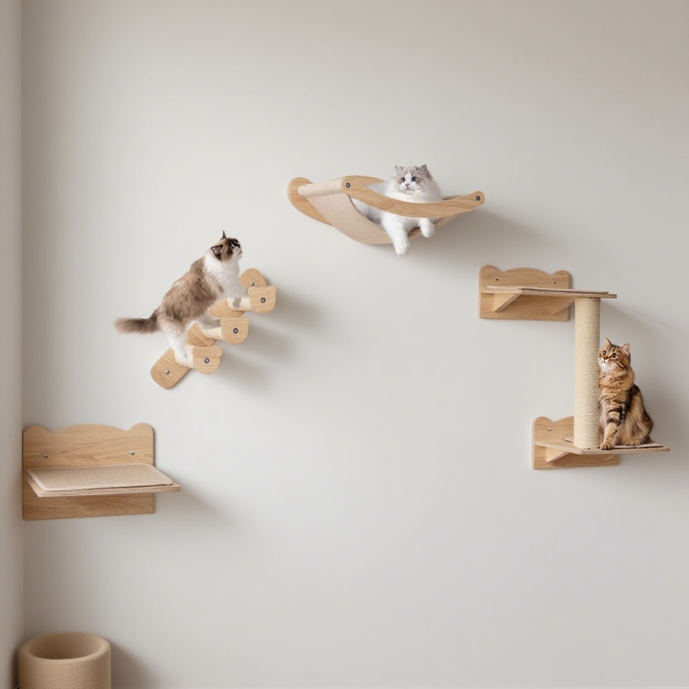 Cat Wall Furniture Set of 4 with Hammock 2-step Cat Tree and Perch