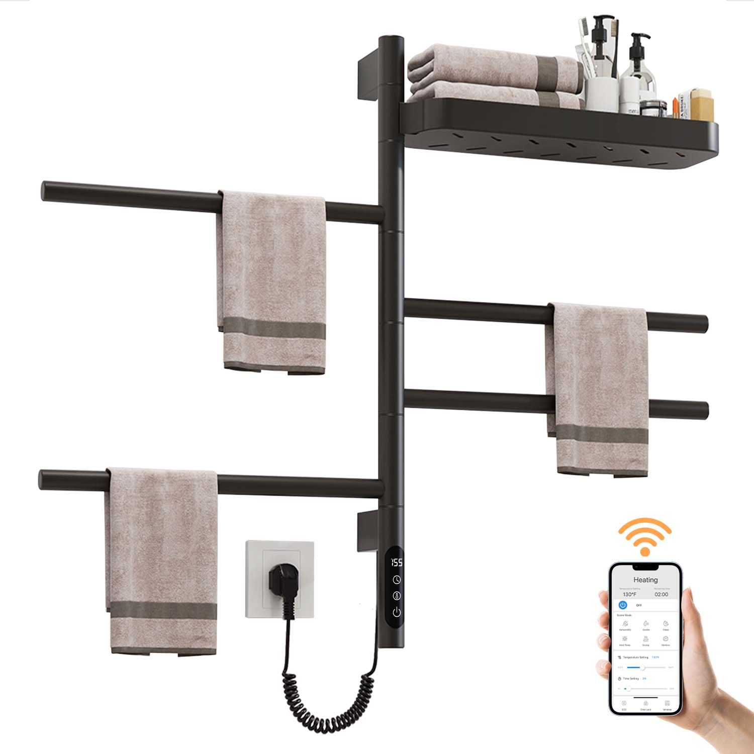 SIOYIE Smart Rotating Heated Towel Rack for Bathroom, Wall-Mounted Electric Towel Dryer with Swivel Bars & Shelf, Smart Timer, Low Carbon Steel, Plug-