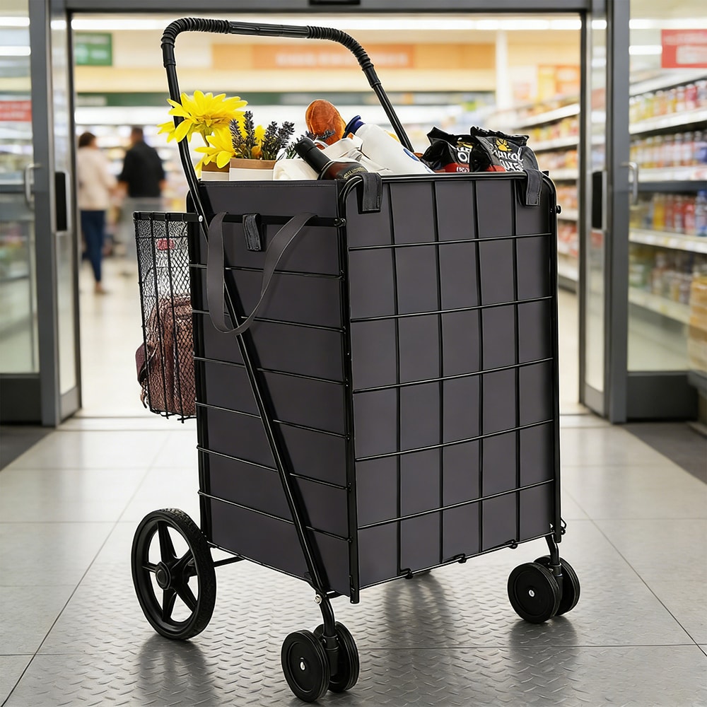 Folding Rolling Shopping Cart with Waterproof Liner and Basket