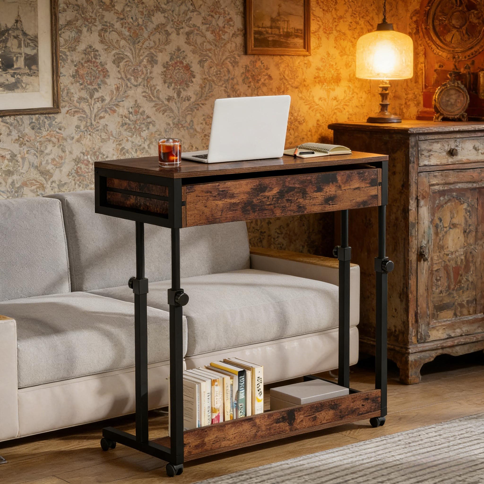 Height Adjustable Desk, Mobile Side Table Portable Desk with Drawers