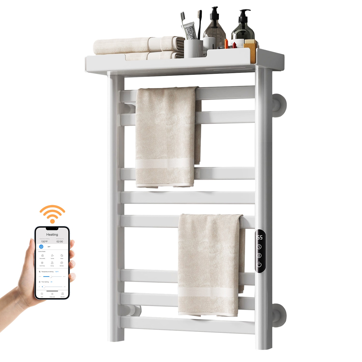 SIOYIE Heated Towel Rack with Shelf and Wi-Fi App Control, 8 Bars Electric Wall Mounted Towel Warmer with Timer & Adjustable Temperature, Low Carbon S