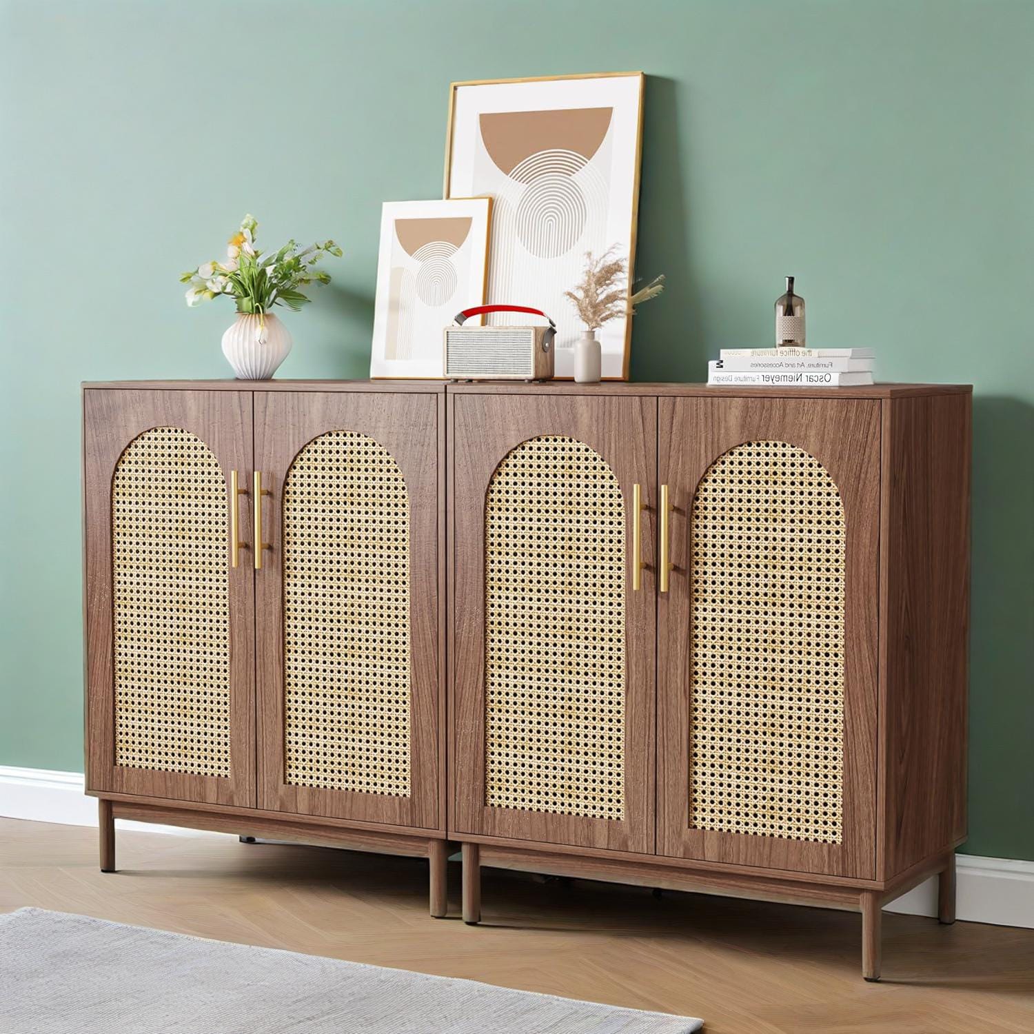 Sideboard Buffet Set of 2, Accent Rattan Storage Cabinet with DoorsBrwo