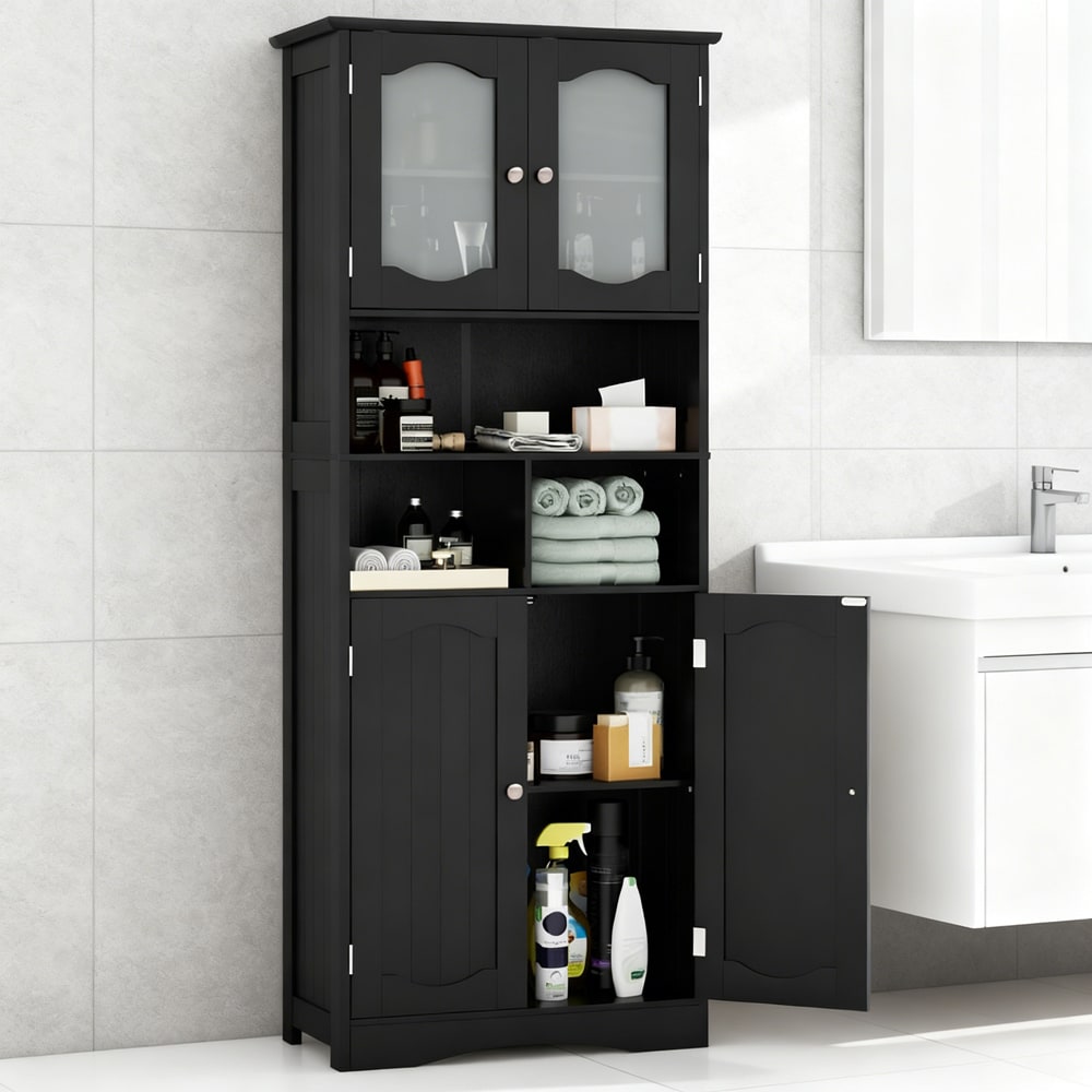 58.5 Inch Freestanding Linen Bathroom Storage Cabinet with Frost Glass Doors