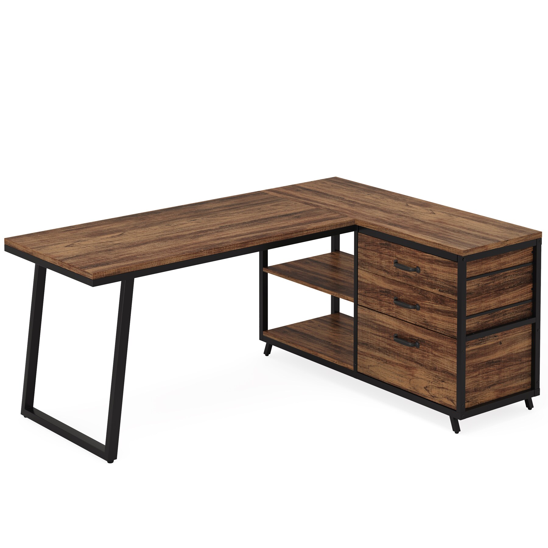 L-Shaped Computer Desk With 3 Drawers & Shelves