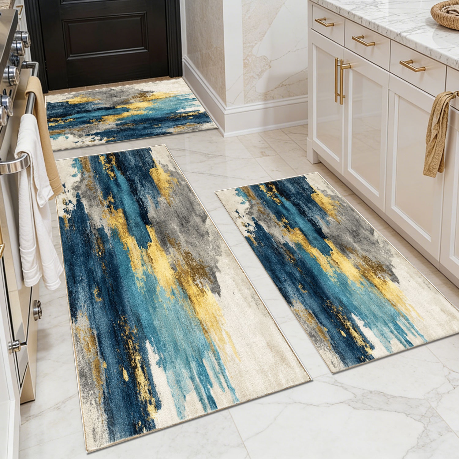 Three-piece kitchen rug set, non-slip and washable, abstract pattern kitchen hallway rug, soft and comfortable, suitable for sinks, floors, entrances,