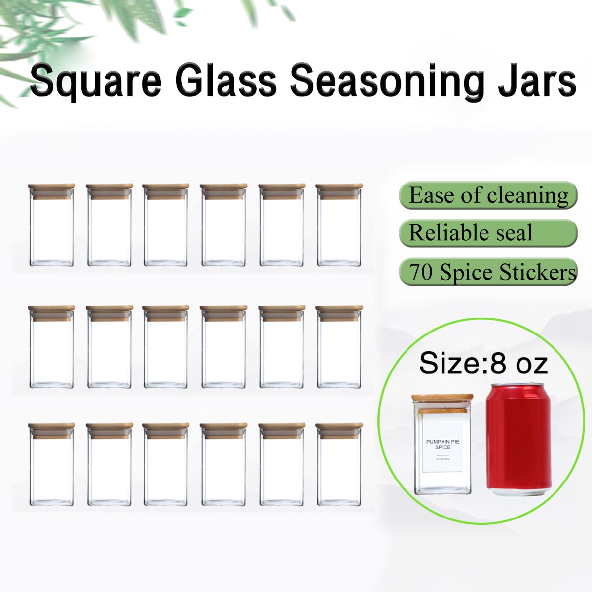 18 PCS Square Seasoning Jar Pepper Seasoning Bottle Pepper Powder Bottle 240ml Bamboo Wood Glass Seasoning Tank Square Spice Bottle