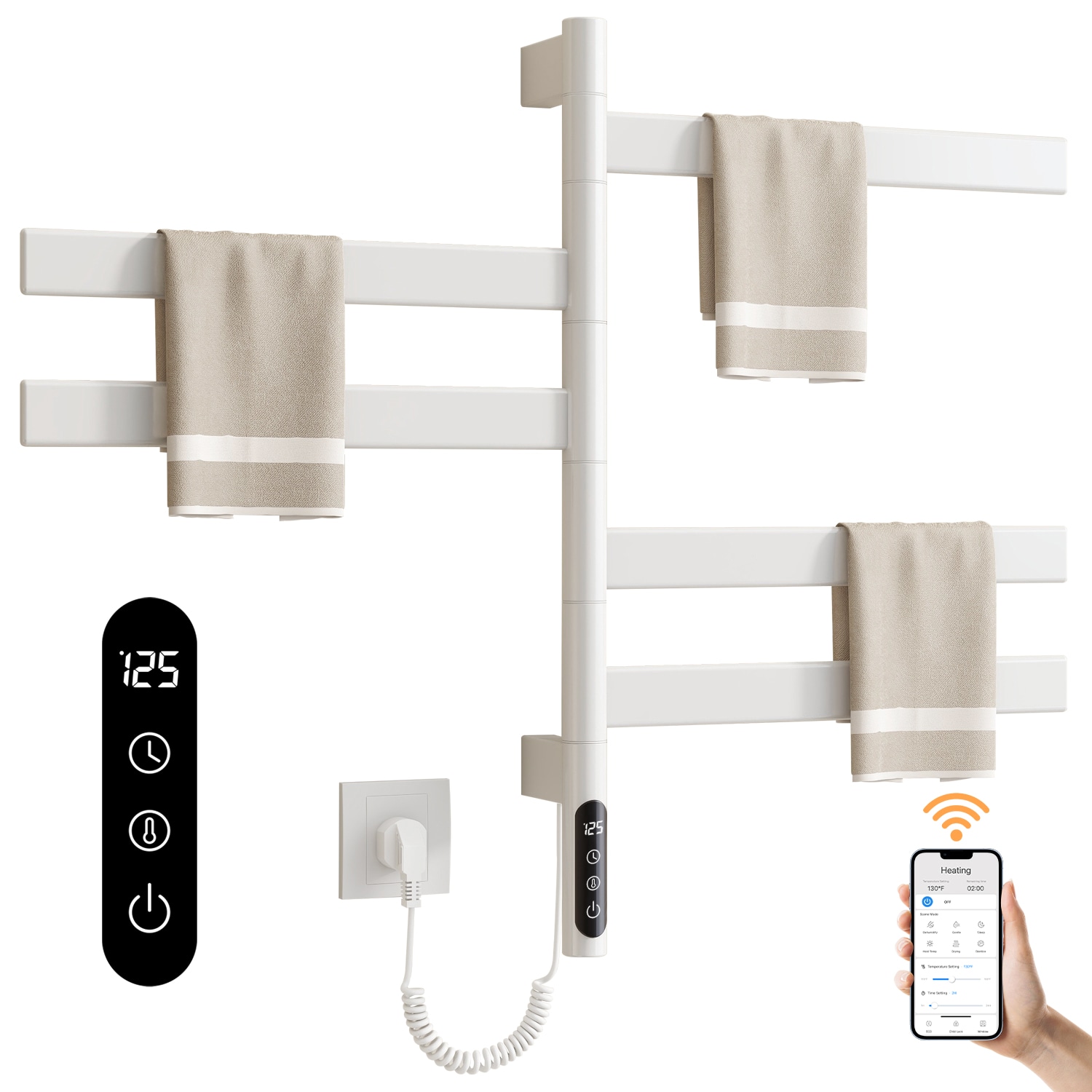SIOYIE Smart Rotating Heated Towel Rack for Bathroom, Wall-Mounted Electric Towel Dryer with Swivel Bars, Smart Timer, Low Carbon Steel, IPX5, Plug-in