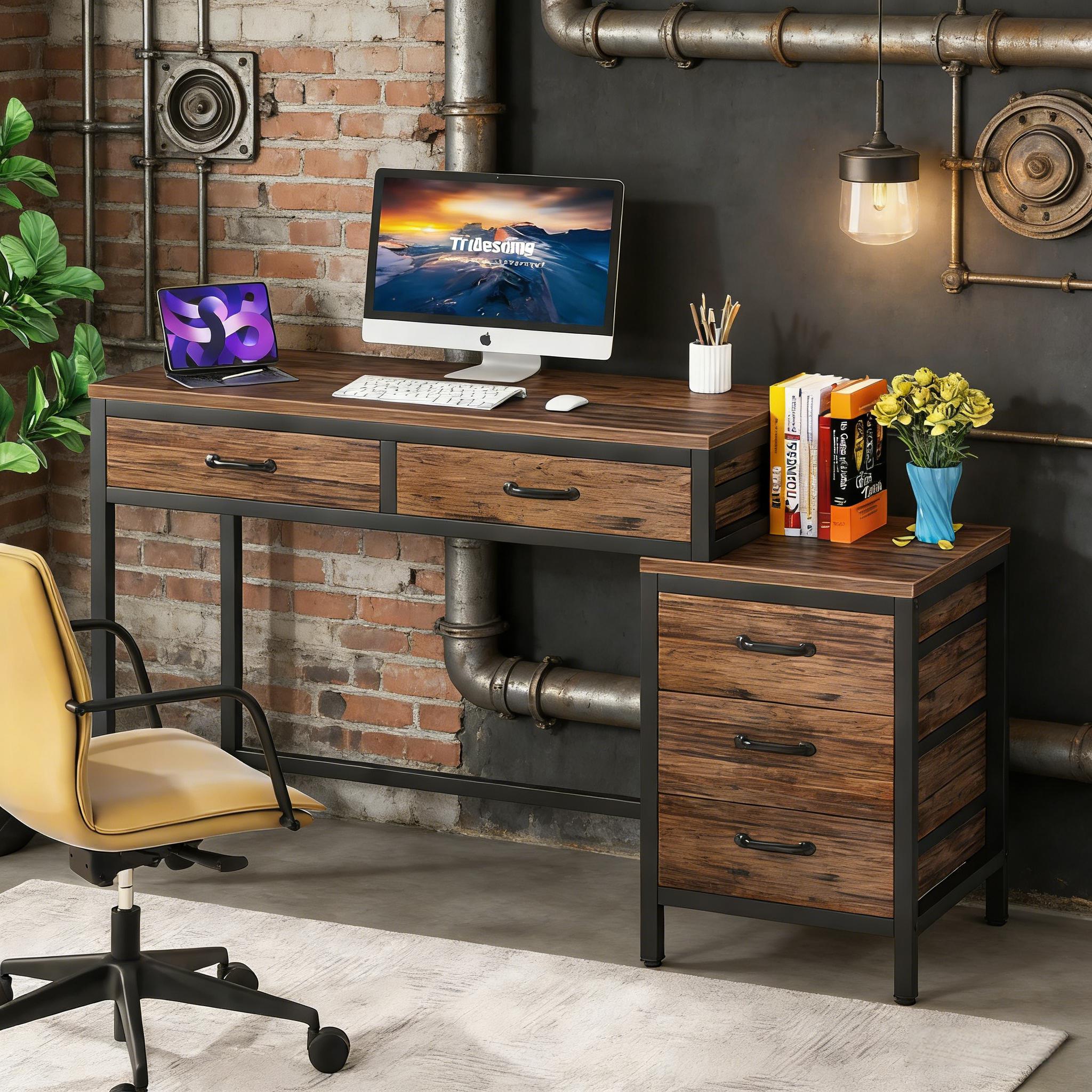 Computer Desk, Study Writing Table with Reversible Drawer Cabinet