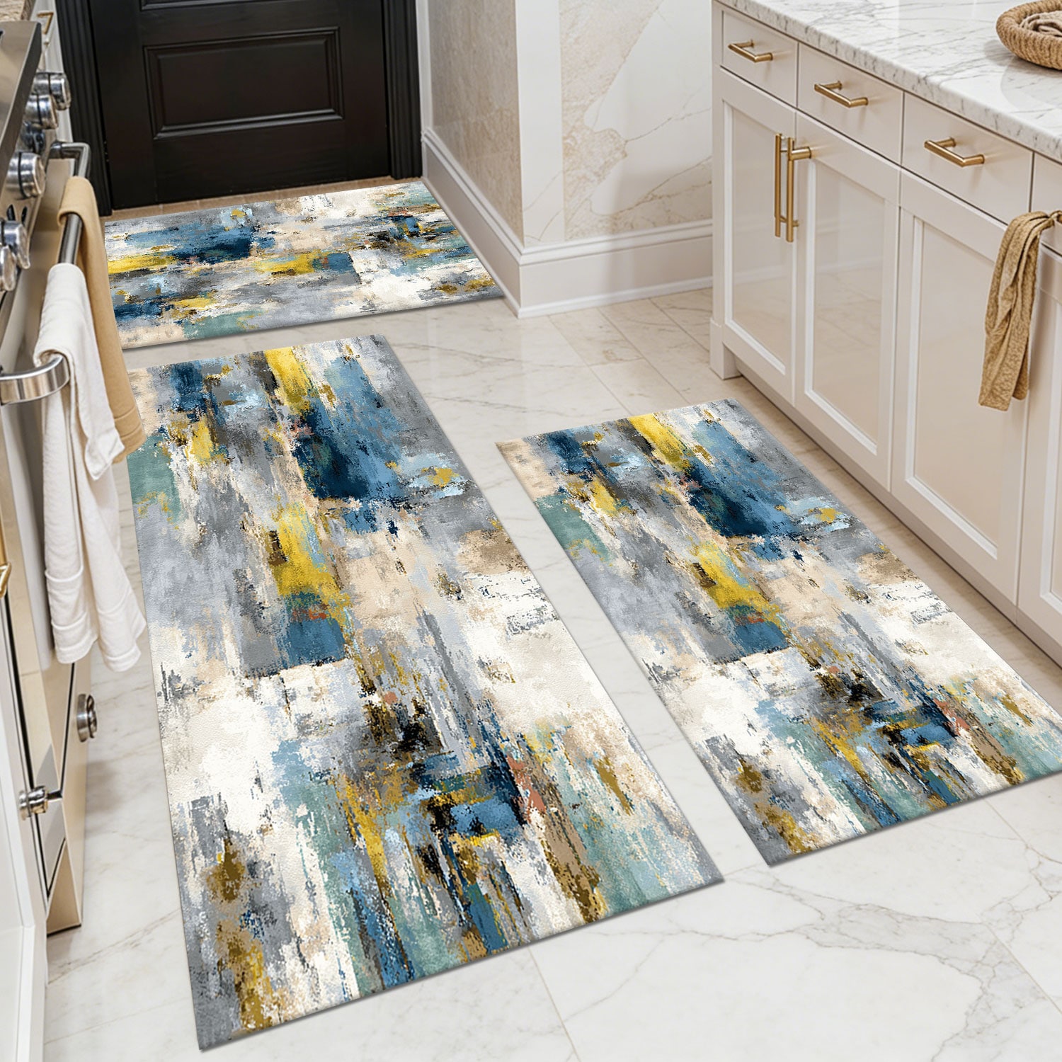 Three-piece kitchen rug set, non-slip and washable, abstract pattern kitchen hallway rug, soft and comfortable, suitable for sinks, floors, entrances,