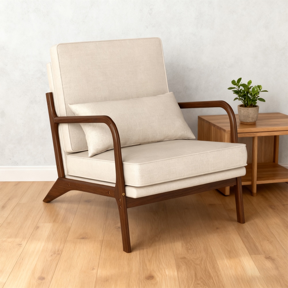 Modern Accent Chair with Rubber Wood Armrests and Removable Back