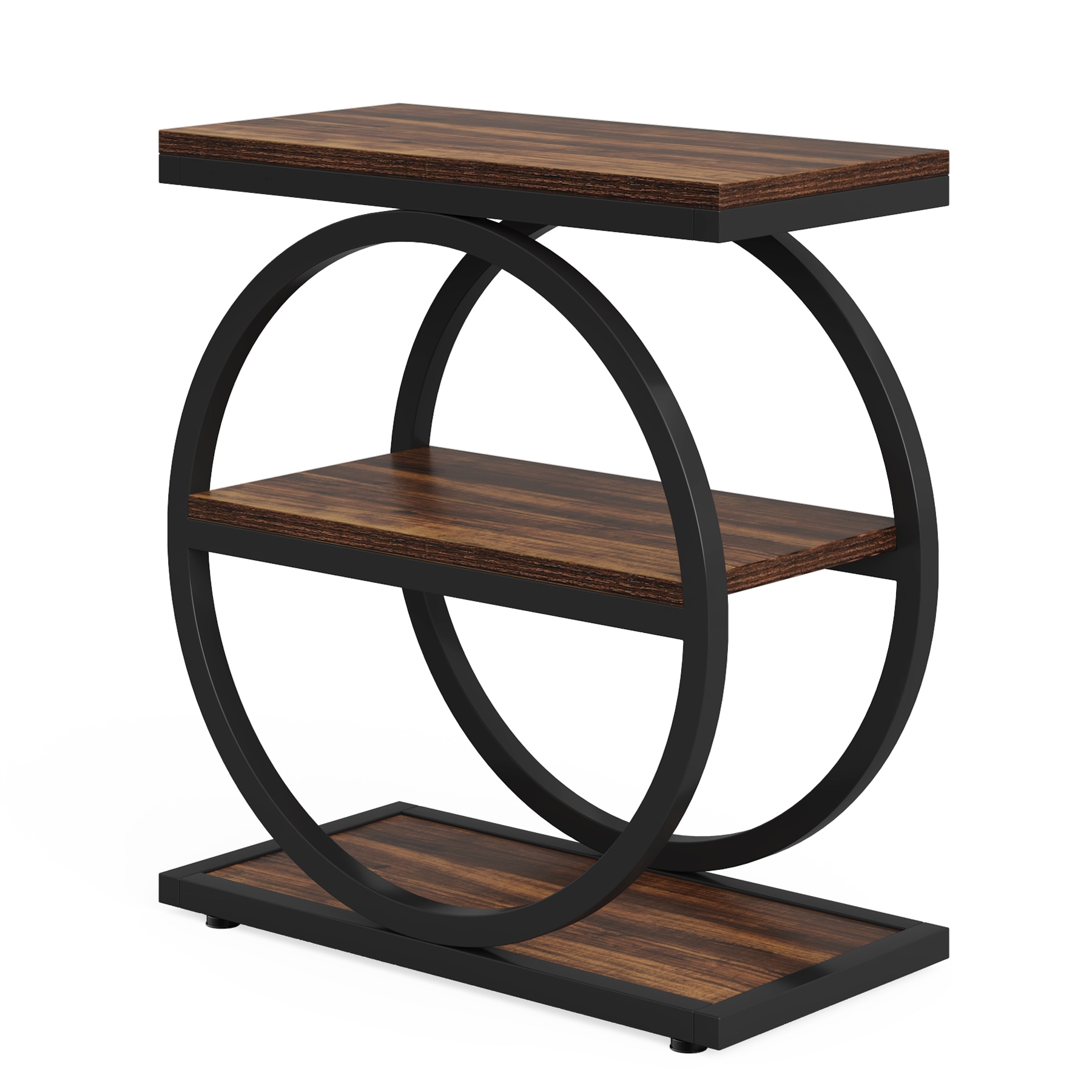 3-Tier End Table, Industrial Sofa Side Table with Round Metal Frame