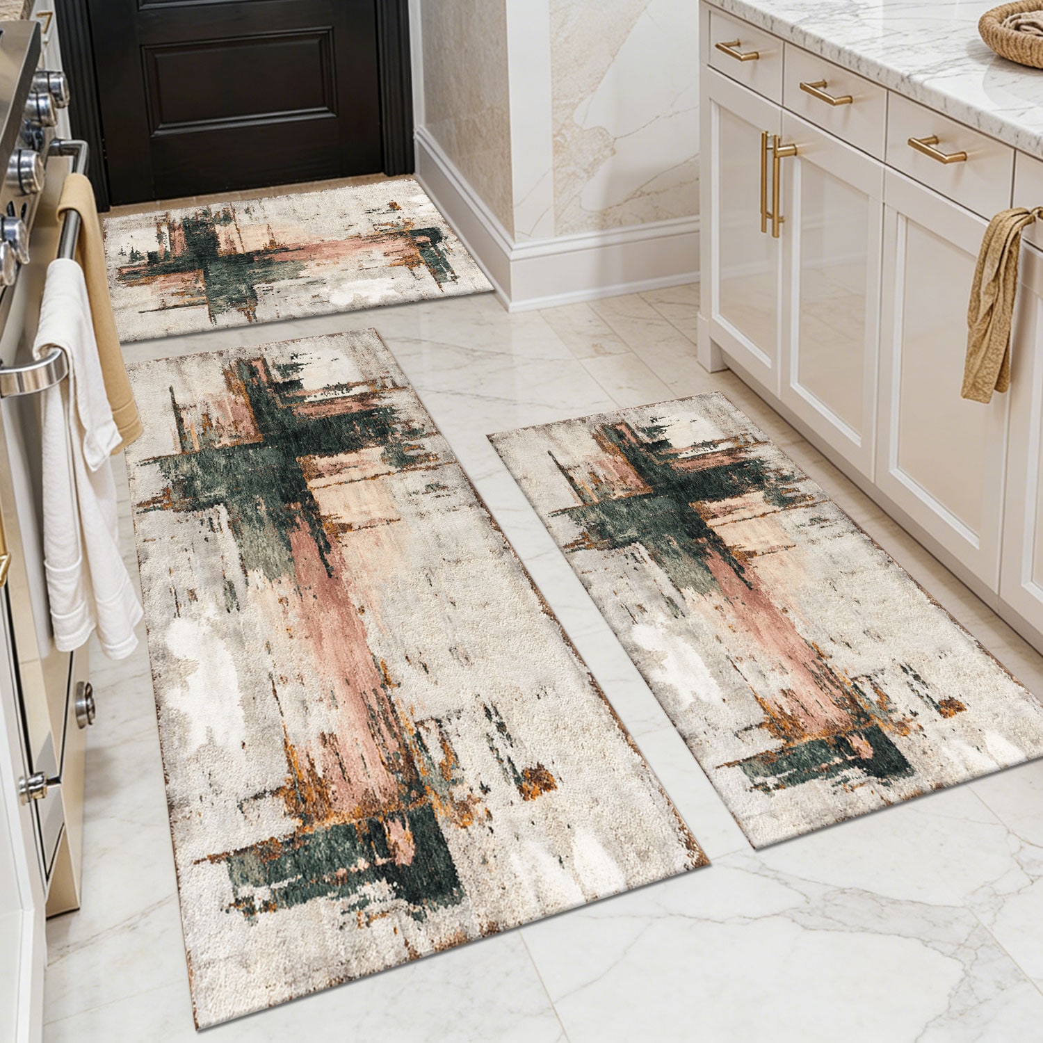 Three-piece kitchen rug set, non-slip and washable, abstract pattern kitchen hallway rug, soft and comfortable, suitable for sinks, floors, entrances,