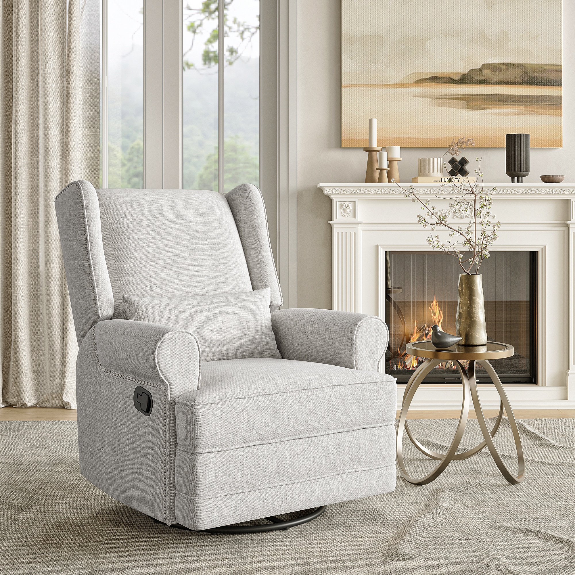 Swivel Recliner Chair, Comfy Glider Rocking Chairs with Lumbar Pillow and Footrest, Upholstered Swivel Rocking Chair for Bedroom,Nursery,Light Gray
