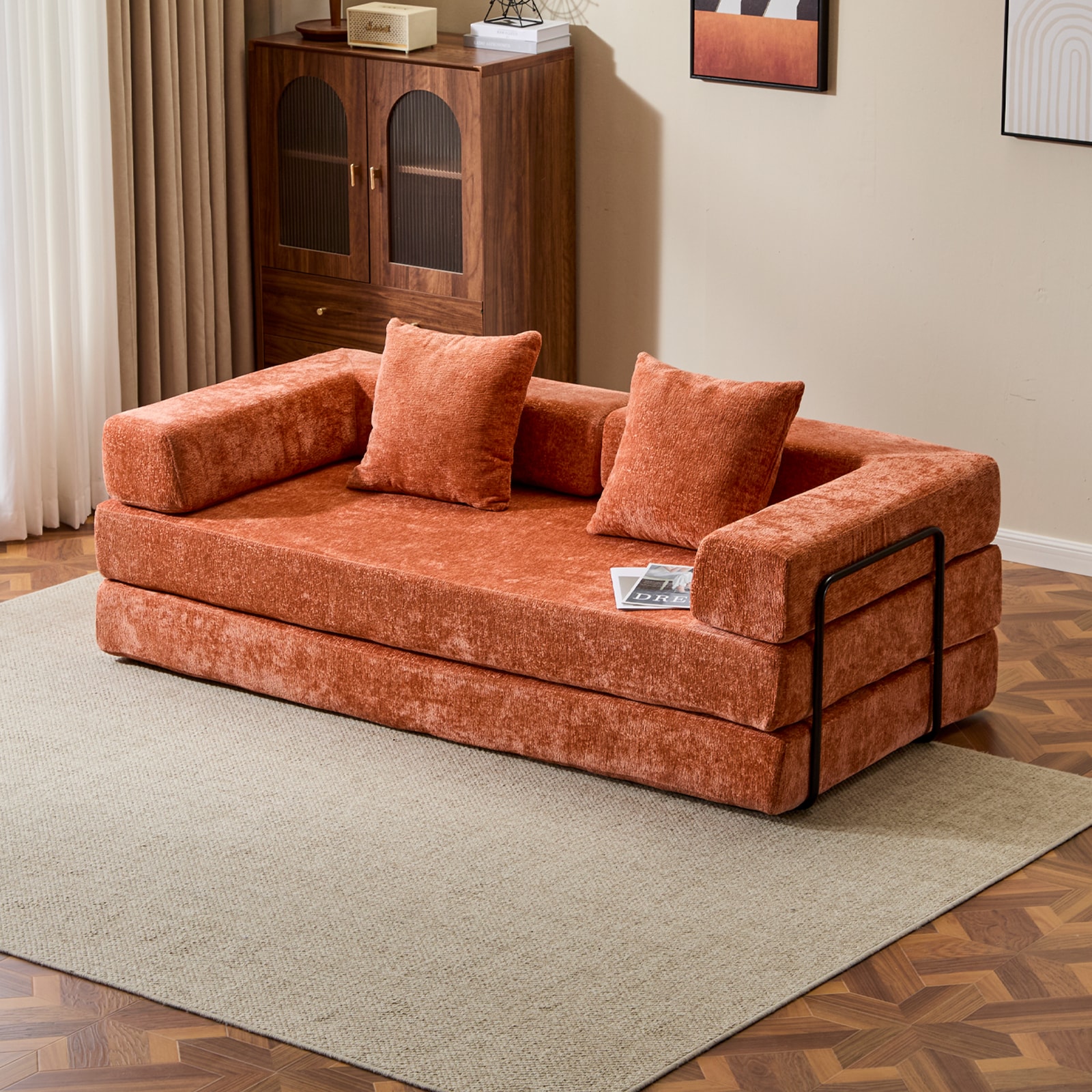Floor Couch,Compression Sofa,Convertible Floor Sofa Bed-with Pillow Back Support Armrest,Comfy Futon Couch Lounge Sleeper Bed,Chenille Fabric,for Livi