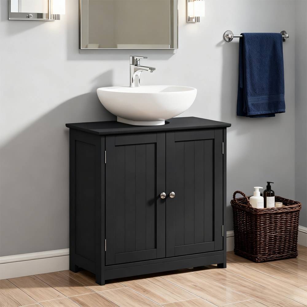 Pedestal Sink Storage Cabinet, Bathroom Sink Cabinet with U-Shape Cut-Out and Adjustable Shelf, Black