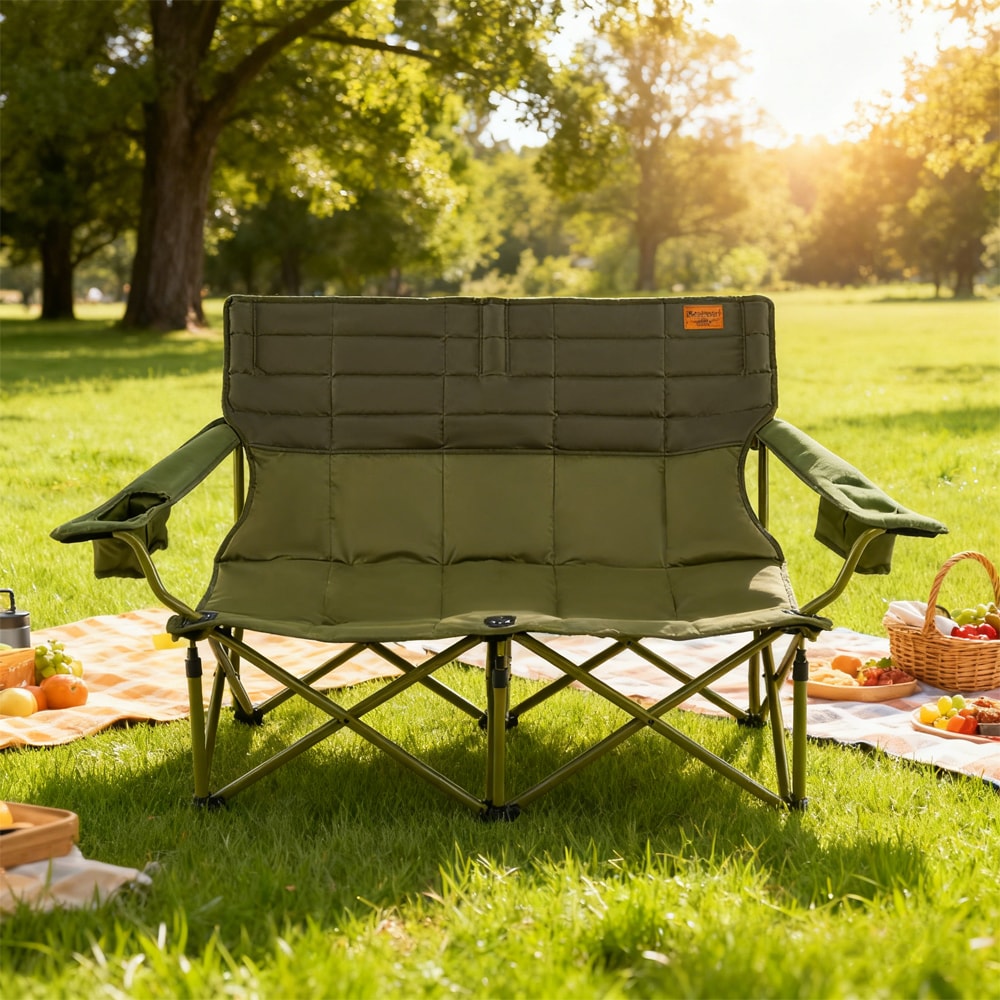 Oversized Camping Chair Folding Loveseat Camping Couch with Cup Holders & Thick Padding