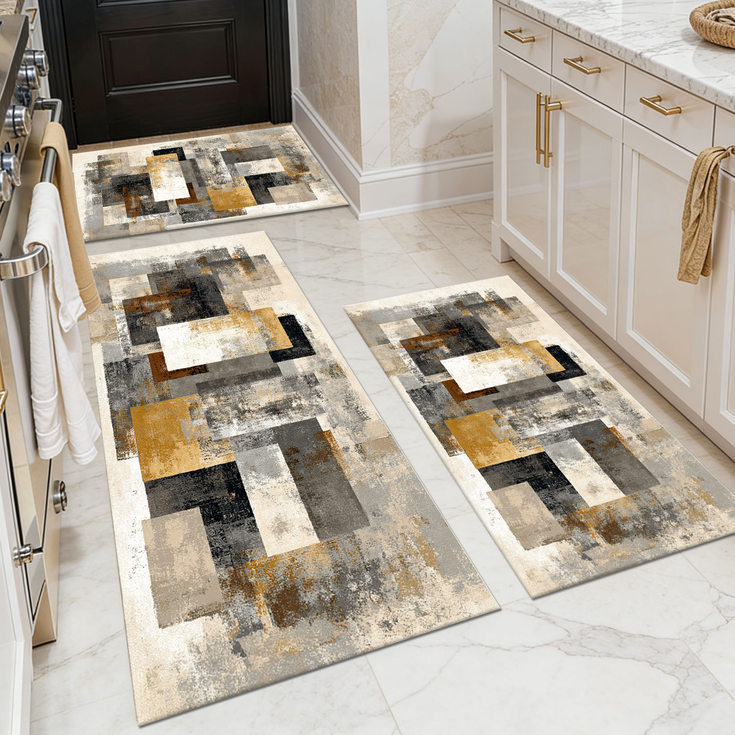 Three-piece kitchen rug set, non-slip and washable, abstract pattern kitchen hallway rug, soft and comfortable, suitable for sinks, floors, entrances,