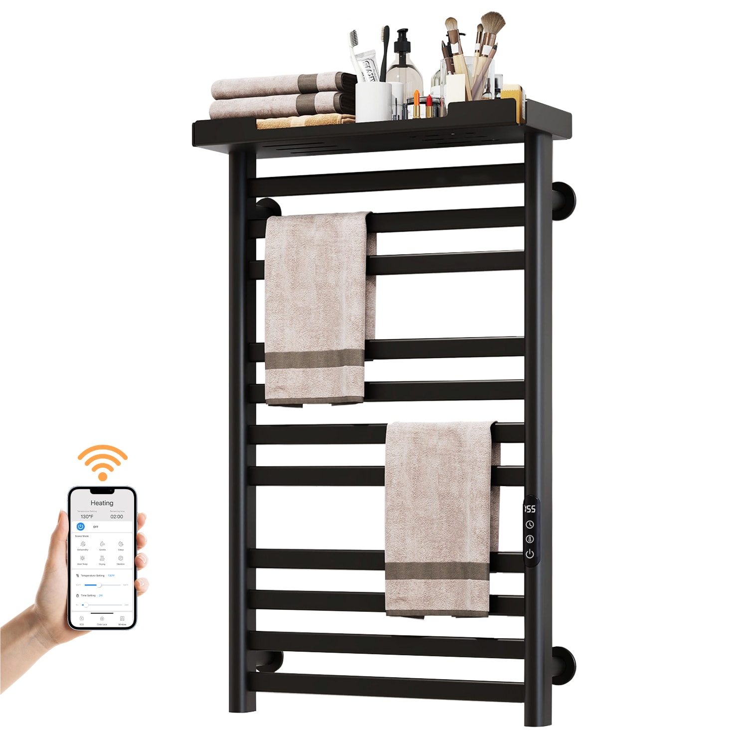 SIOYIE Heated Towel Rack with Shelf and Wi-Fi App Control, 11 Bars Electric Wall Mounted Towel Warmer with Timer & Adjustable Temperature, Low Carbon 
