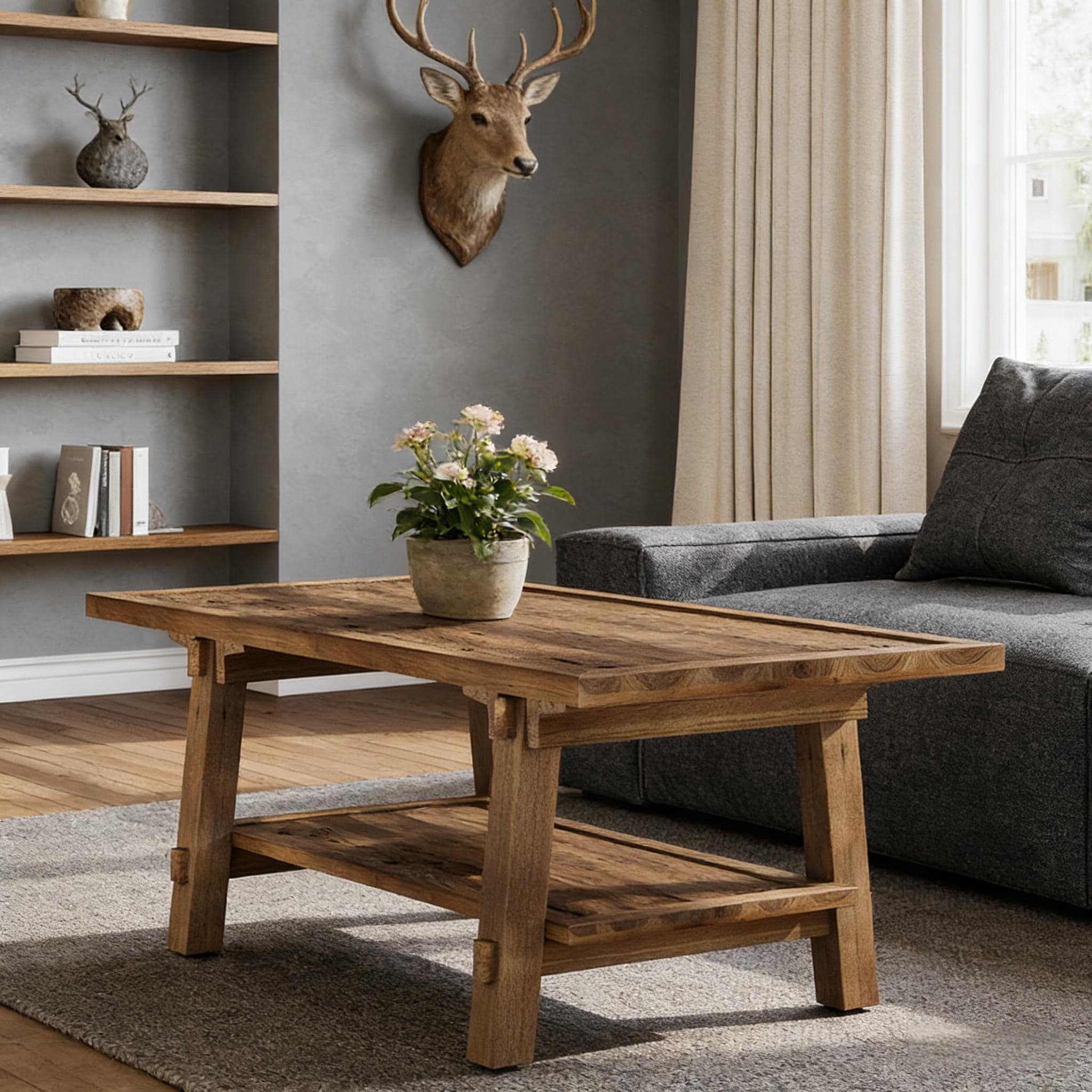 Solid Wood Coffee Table, Rectangle Center Table with 2-Tier Shelves