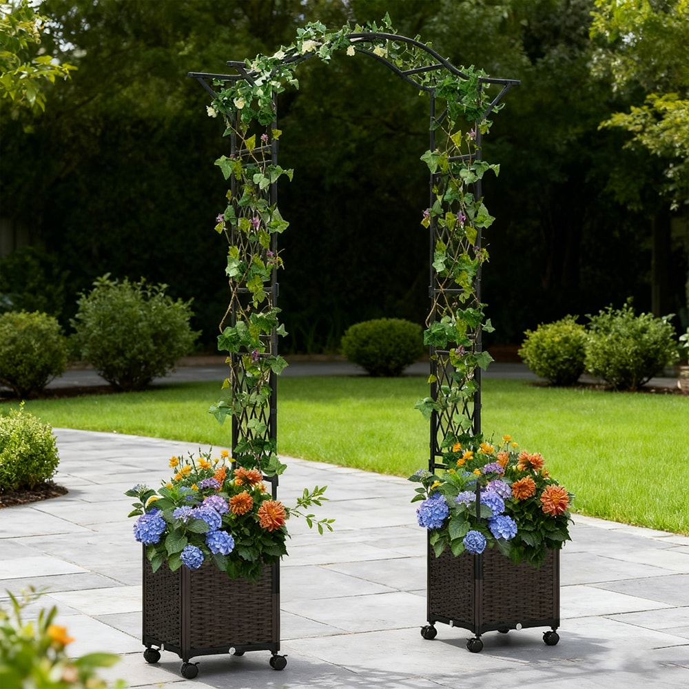 82 x 99 Inch Garden Arch Trellis with 2 Self-Watering Planter Boxes Wheels