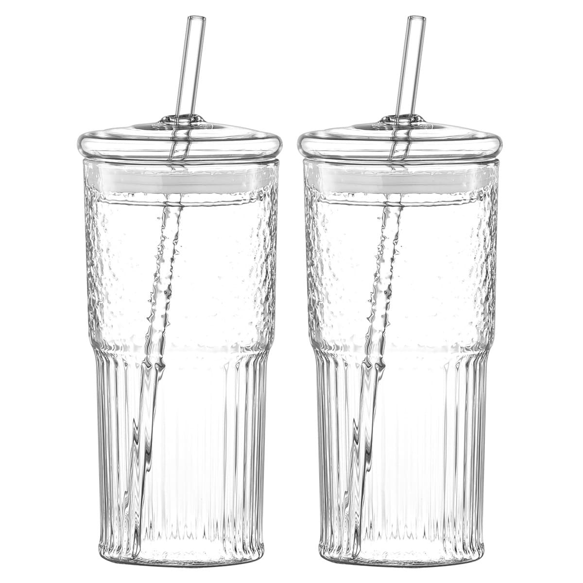 20 oz 2-pack glass straw cup with vertical pattern cup and lid, high borosilicate heat-resistant glass cup for juice, milk and cold drinks