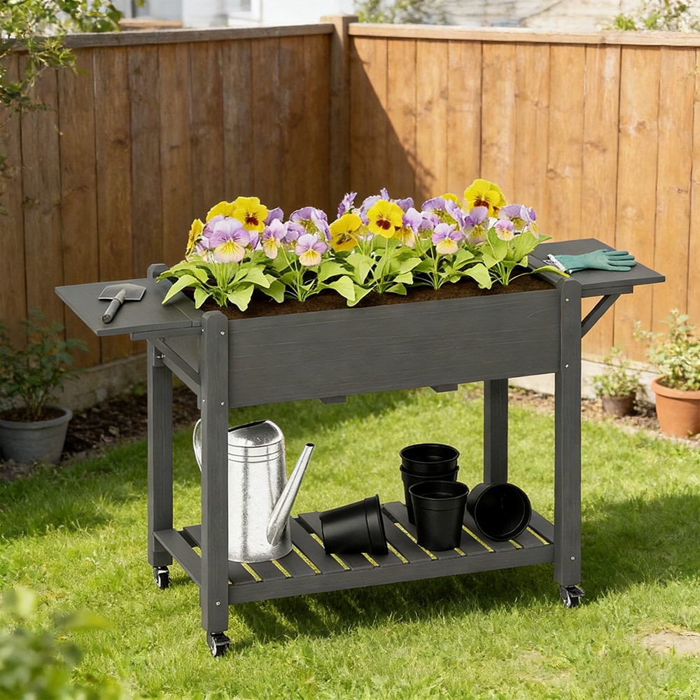 Wood Raised Planter Box, Elevated Garden Bed with Lockable Wheels, Side Tables, Bottom Shelf, Drain Holes, Gray
