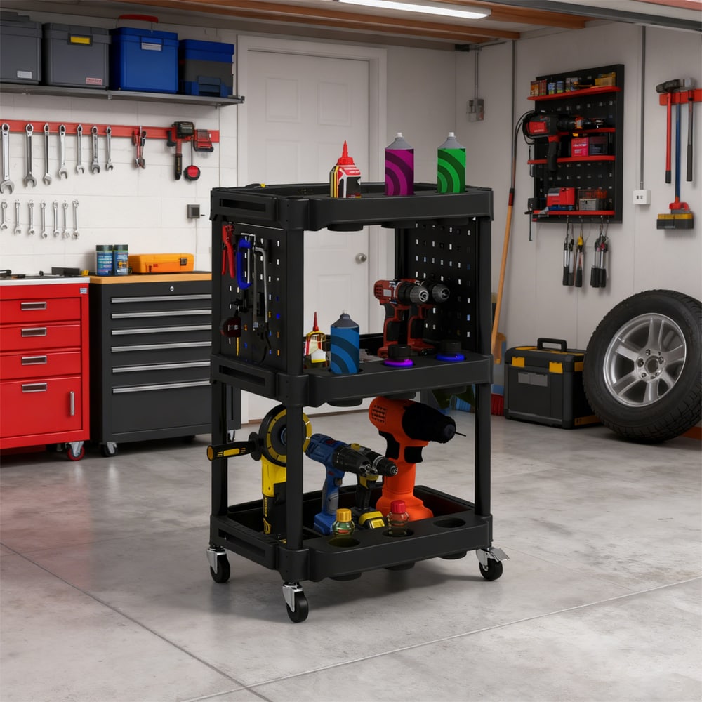 3-Tier Rolling Tool Cart, 200 LBS Capacity Plastic Utility Cart with Side Shelves for Garage, Workshop, Black