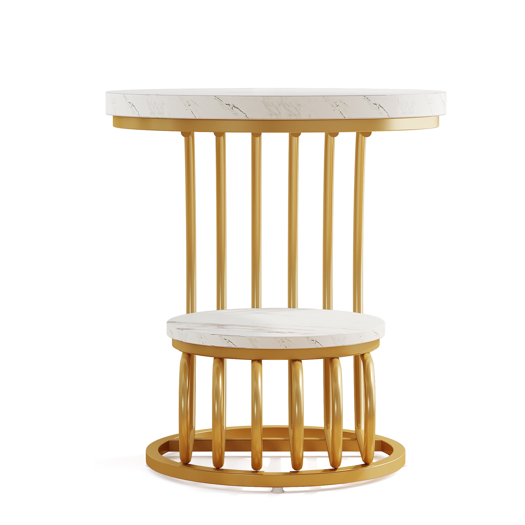 Round End Table with Storage Shelf, 2 Tiers Faux Marble Side Table