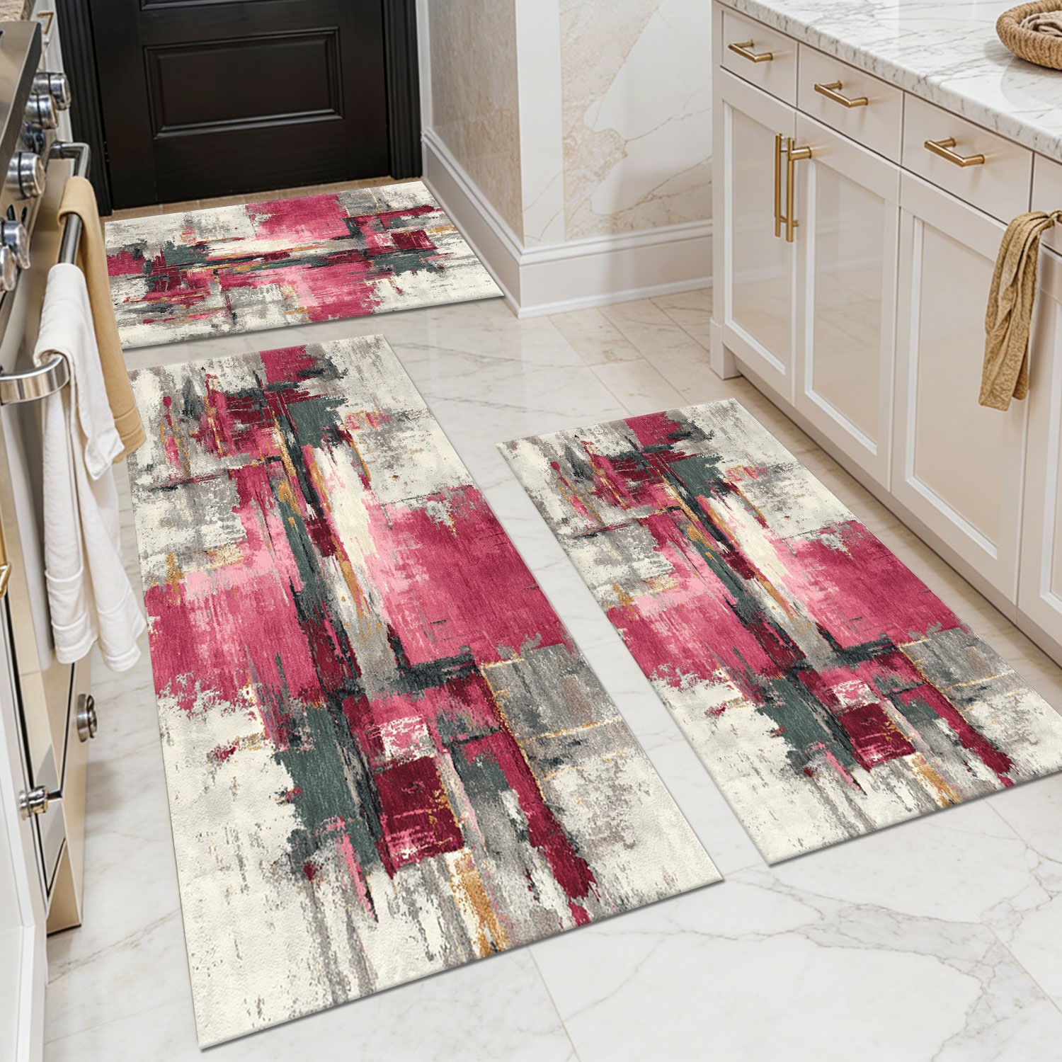 Three-piece kitchen rug set, non-slip and washable, abstract pattern kitchen hallway rug, soft and comfortable, suitable for sinks, floors, entrances,