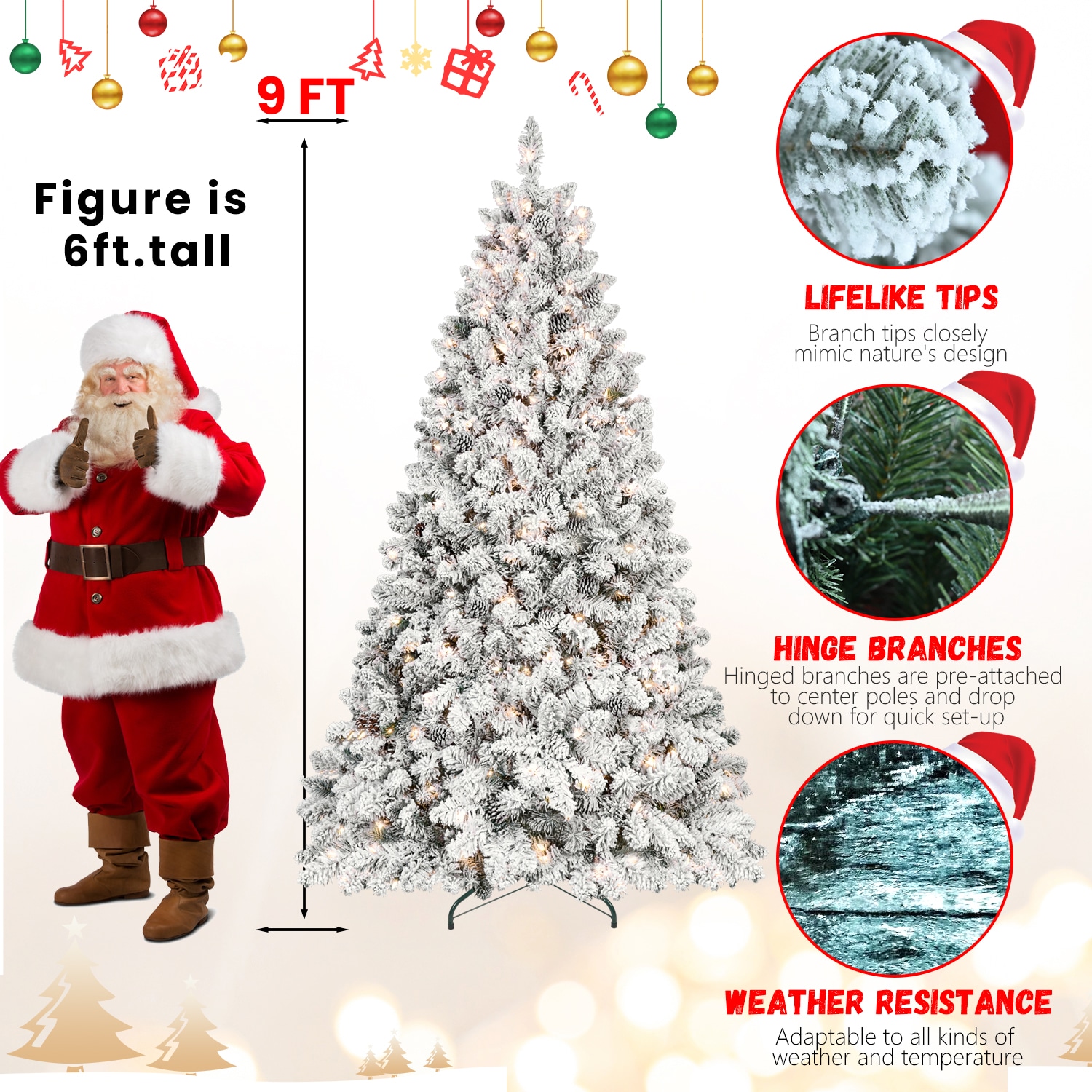 9ft pvc mixed floceked tree（63pcs pine cones）