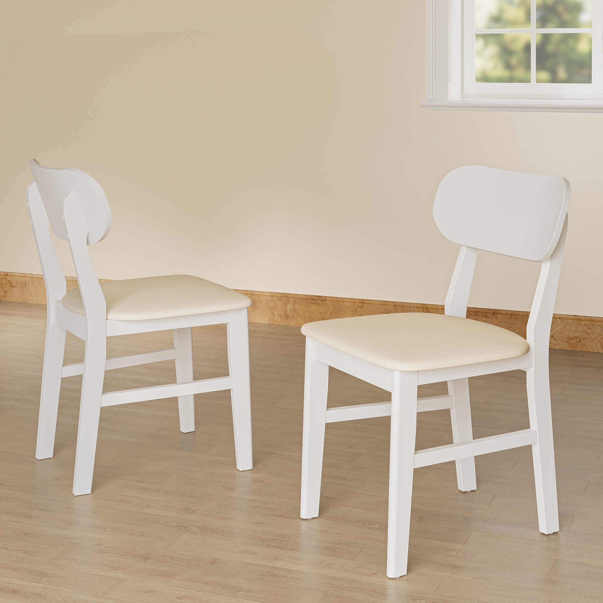 Wooden Dining Chairs Set of 2, Modern Dining Chairs with Solid Wood Legs, 350LBS Capacity, Faux Leather Accent Side Seat for Kitchen, Dining Room, Living Room, Home Office, Terrace, Courtyard, White