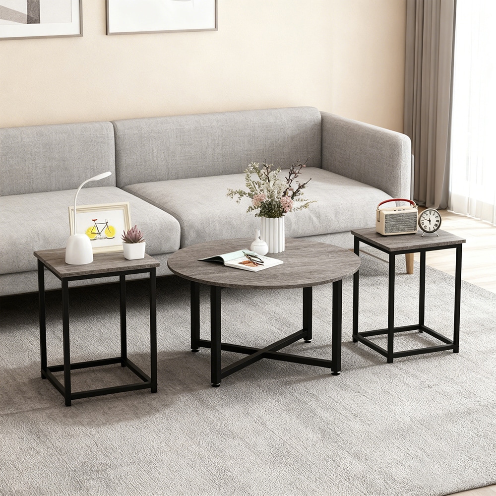 3-Piece Coffee Table Set Round Coffee Table and 2PCS Square End Tables
