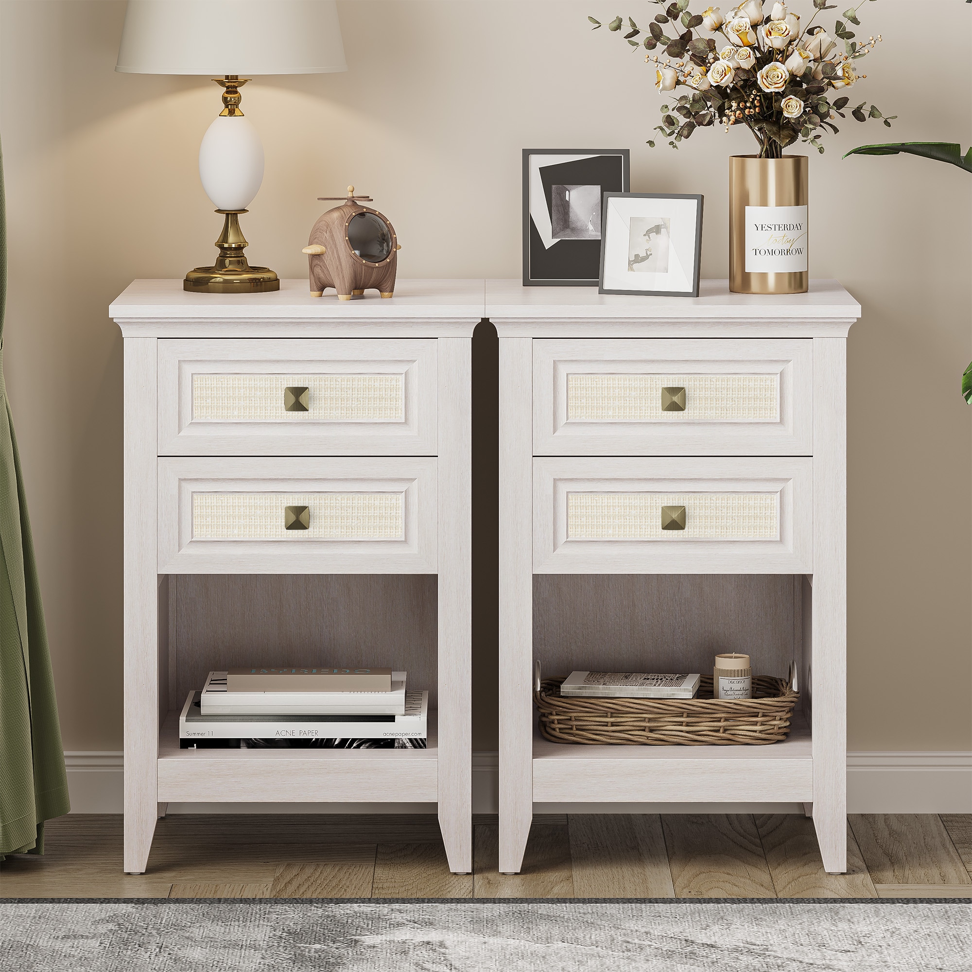 Grayish White Rattan Nightstand with Drawer Set of 2, Boho 27