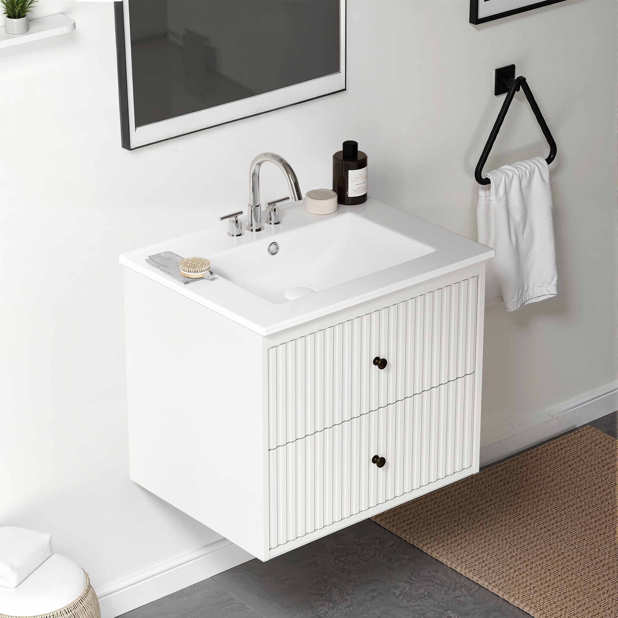 24'' Bathroom Vanity with Sink, Floating Bathroom Vanity Sink Cabinet with 2 Fluted Drawers, Wall Mounted Bathroom Storage Cabinet with Sink Combo Set