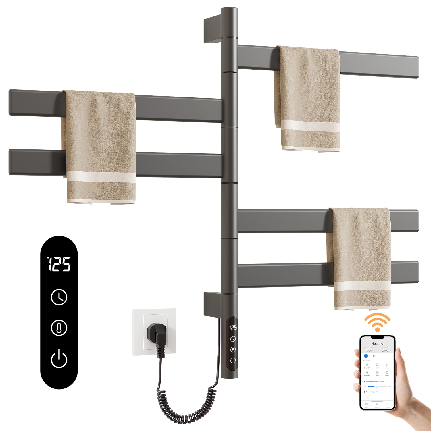 SIOYIE Smart Rotating Heated Towel Rack for Bathroom, Wall-Mounted Electric Towel Dryer with Swivel Bars, Smart Timer, Low Carbon Steel, IPX5, Plug-in/Hardwired, Towel Warmer with Wi-Fi App Control