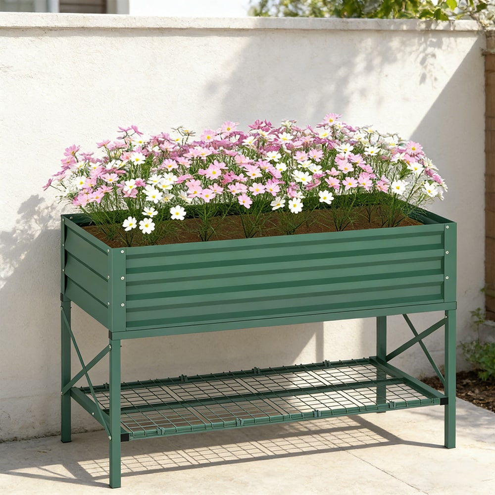 Galvanized Raised Garden Bed, Metal Planter Box with Legs, Storage Shelf and Bed Liner, Green