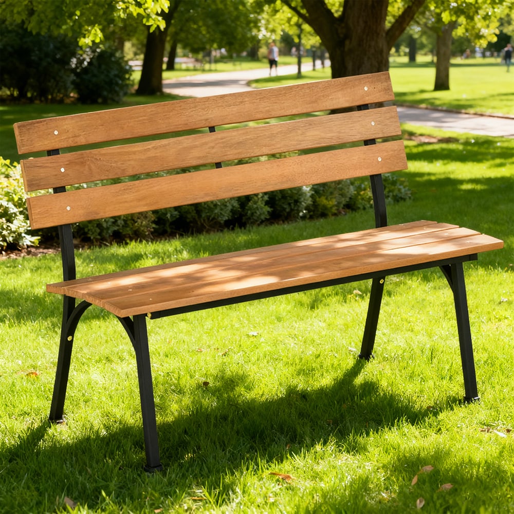 47 Inch Outdoor Acacia Wood Bench with Metal Frame and Slatted Seat