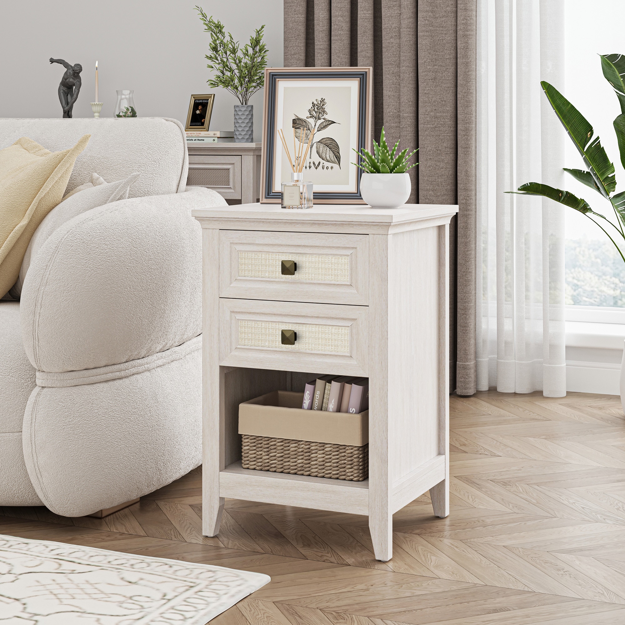 Grayish White Rattan Nightstand with Drawer, Boho 27