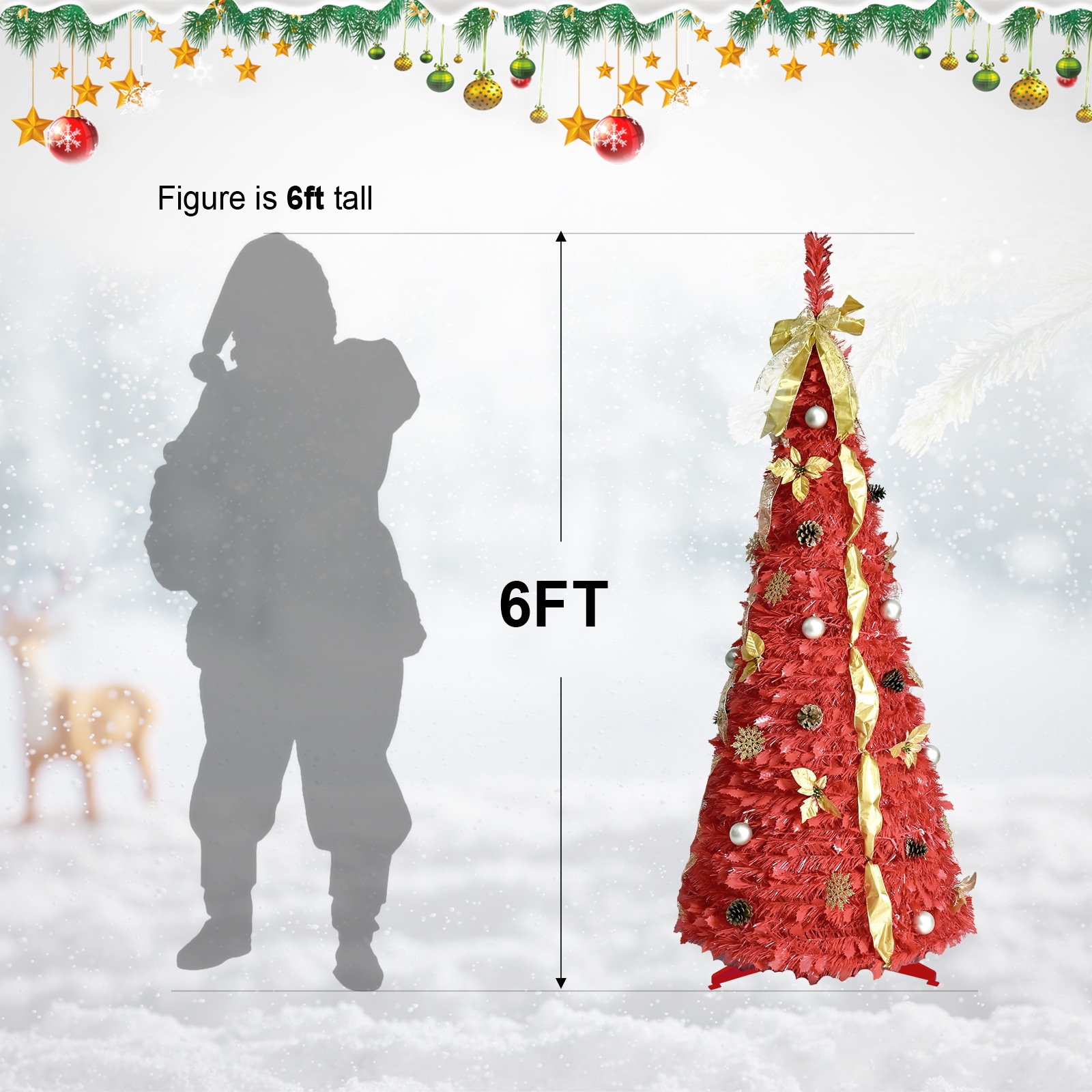 6FT pop up tree +150 lights 4 ribbons 1 large bow 12 Christmas flowers 12 snowflakes 12 pine cones 12 60MM balls
