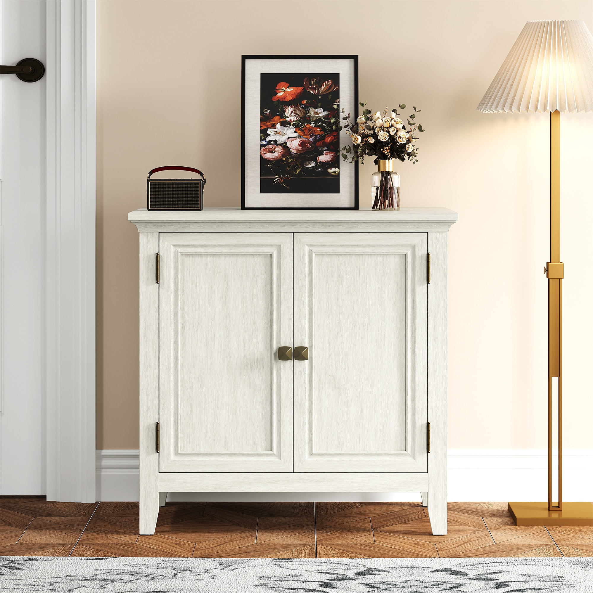 Storage Cabinet, Kitchen Sideboard Cabinet with Rattan Decor Doors, Accent Buffet Cabinet with Adjustable Storage Shelf, Wood Cabinet Organizer for Hallway, Dining Room, Living Room, White