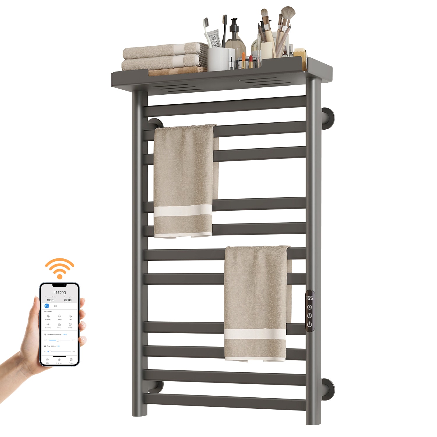 SIOYIE Heated Towel Rack with Shelf and Wi-Fi App Control, 11 Bars Electric Wall Mounted Towel Warmer with Timer & Adjustable Temperature, Low Carbon 