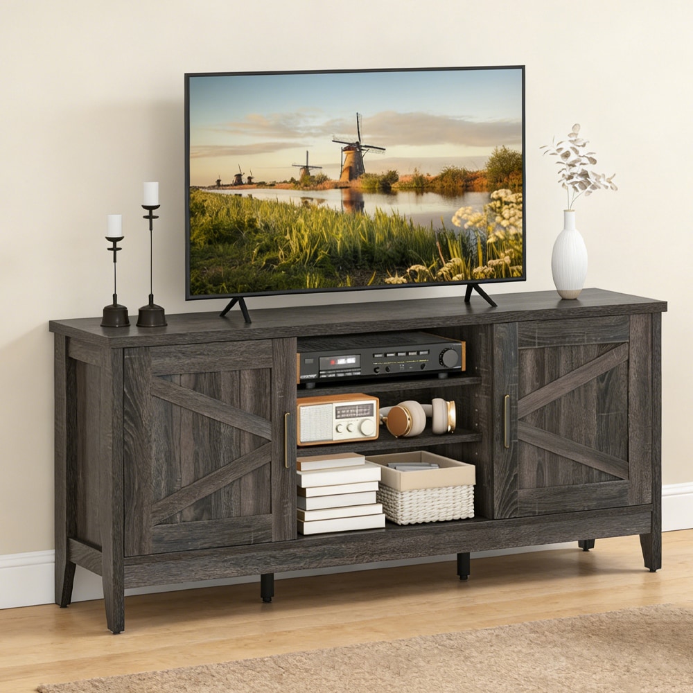 Farmhouse TV Stand for TVs Up To 65 Inch Entertainment Center with 2 Storage Cabinets & Position Adjustable Shelf Adjustable Foot Pads